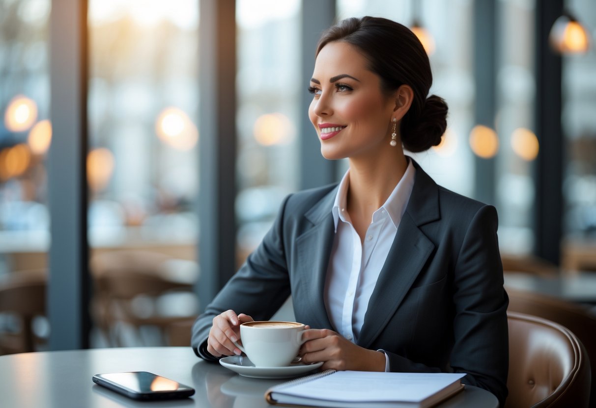 A professional woman in business attire sitting at a café table with a coffee, looking thoughtfully into the distance.