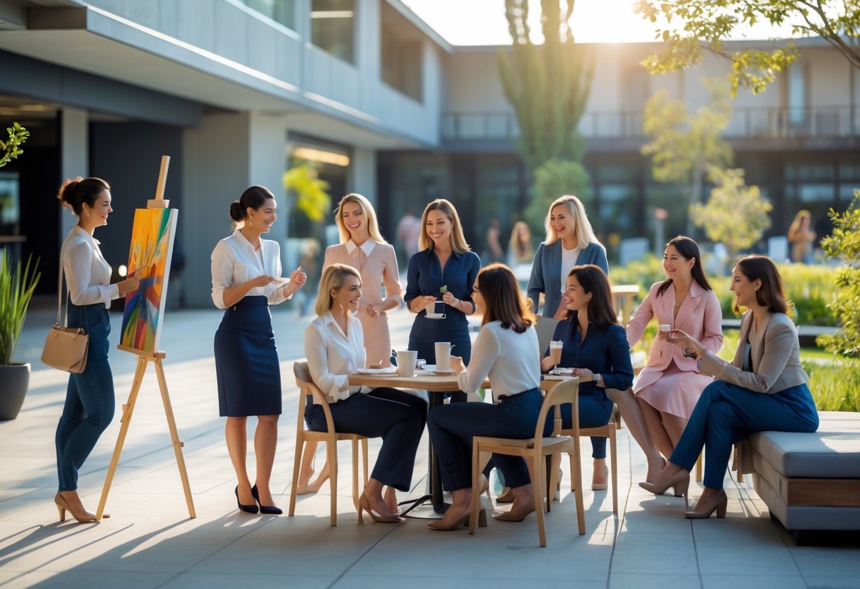 A group of professional women enjoying hobbies together outdoors, including painting, playing guitar, and chatting over coffee in a friendly setting.