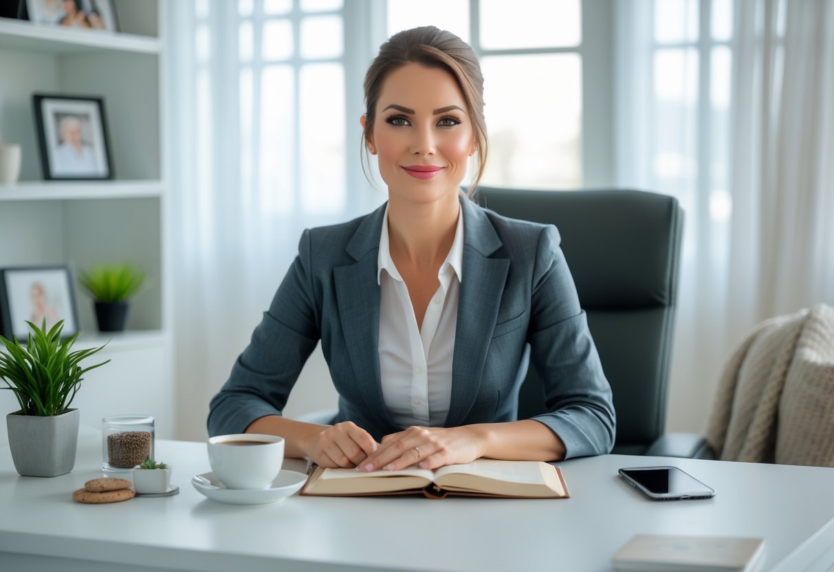 A professional woman sitting at a desk in a bright home office with self-care items like tea and a journal nearby.