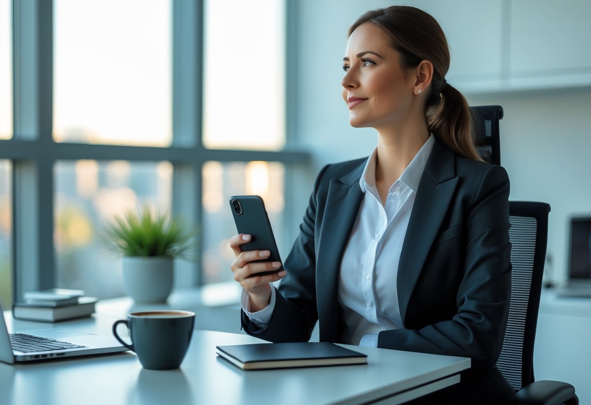 A professional woman sitting at an office desk, holding a smartphone and a coffee cup, looking thoughtfully out of a window.