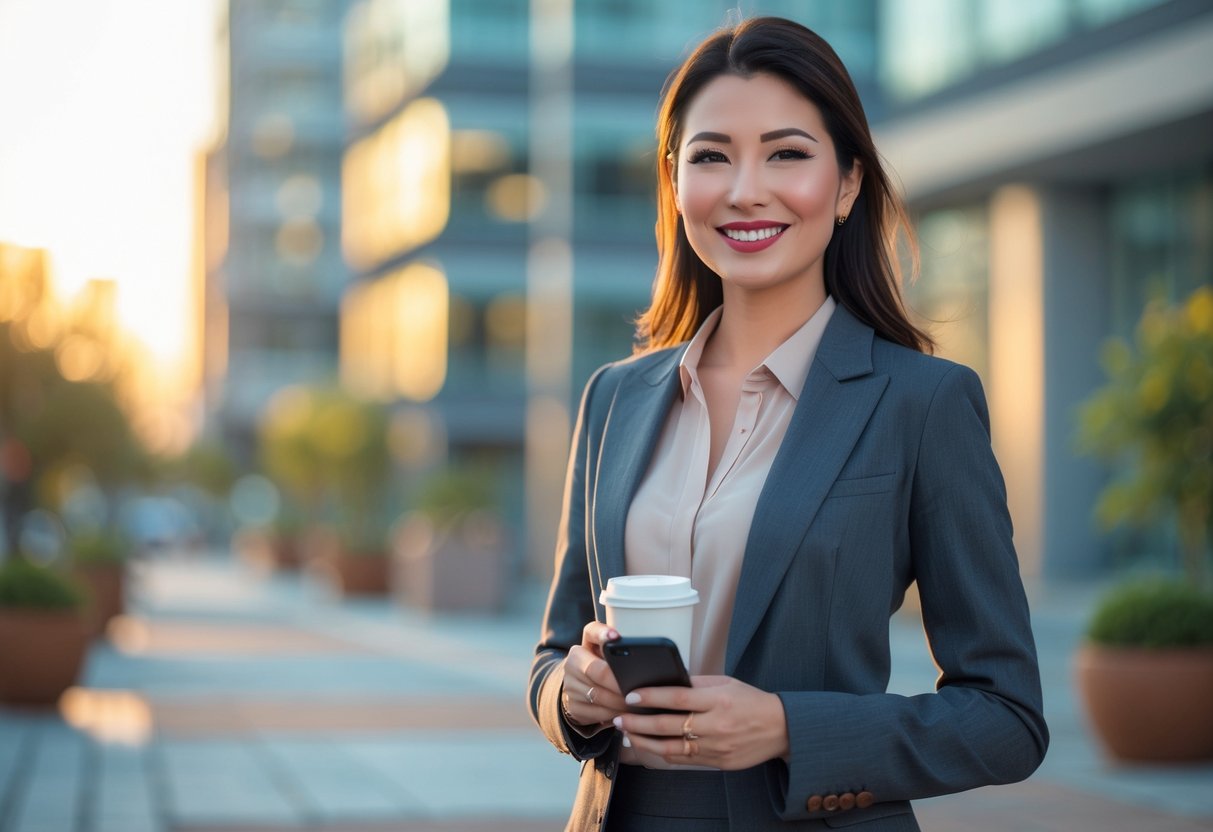 A confident professional woman standing outdoors in a city, smiling and holding a smartphone and coffee cup.