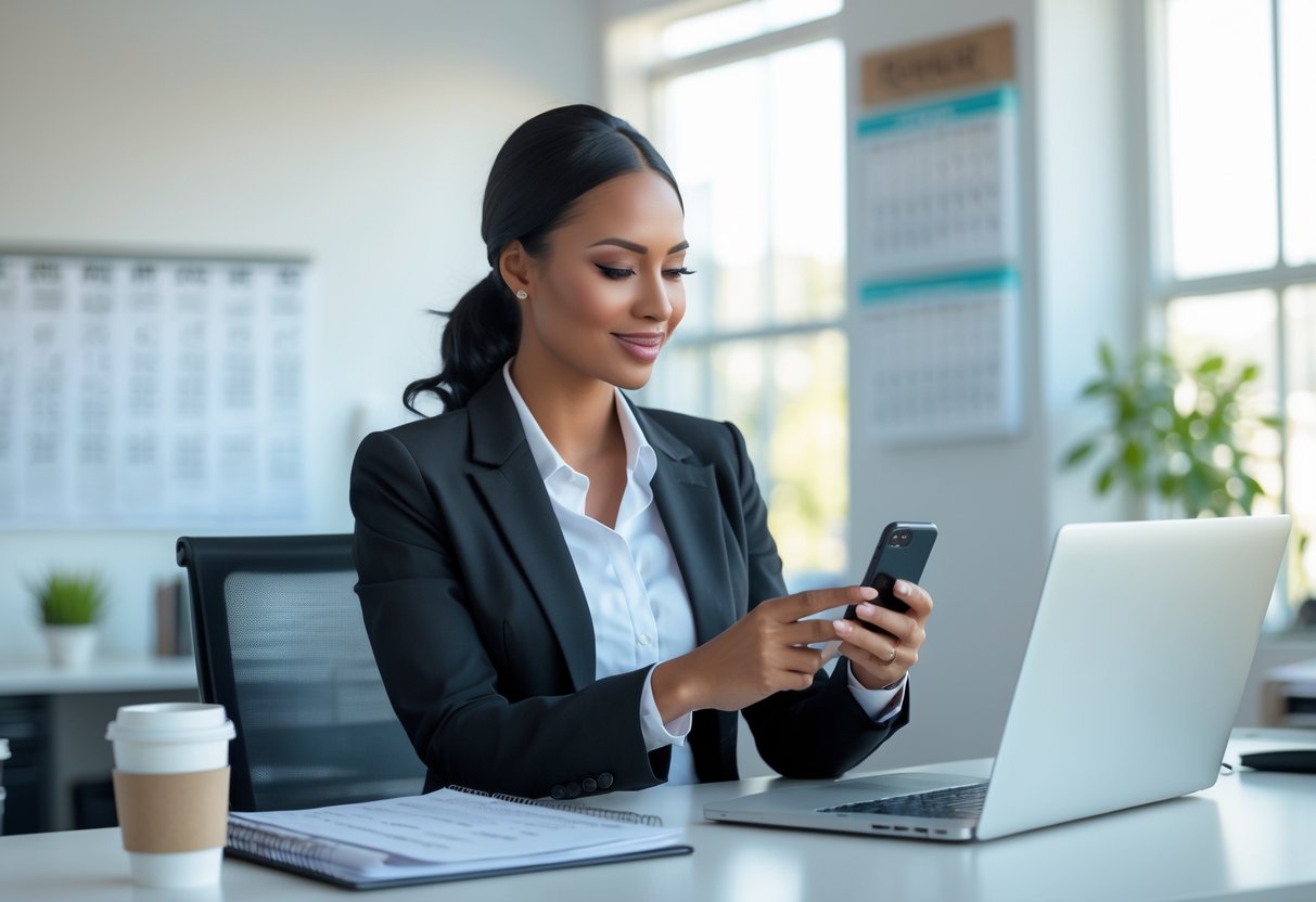 A professional woman sitting at an office desk, looking at her smartphone with a laptop and planner nearby.