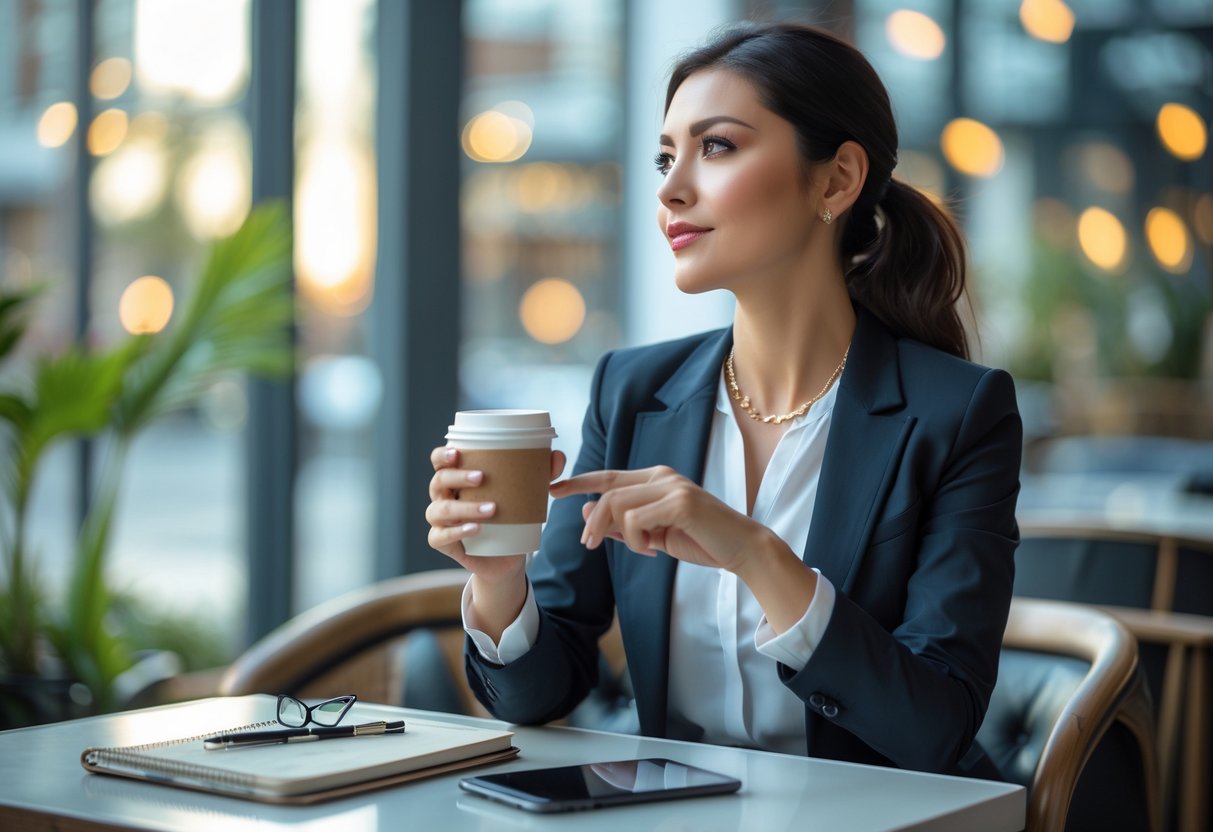 A confident woman sitting at a café table holding a coffee cup and smartphone, looking thoughtfully into the distance with a notebook and eyeglasses on the table.