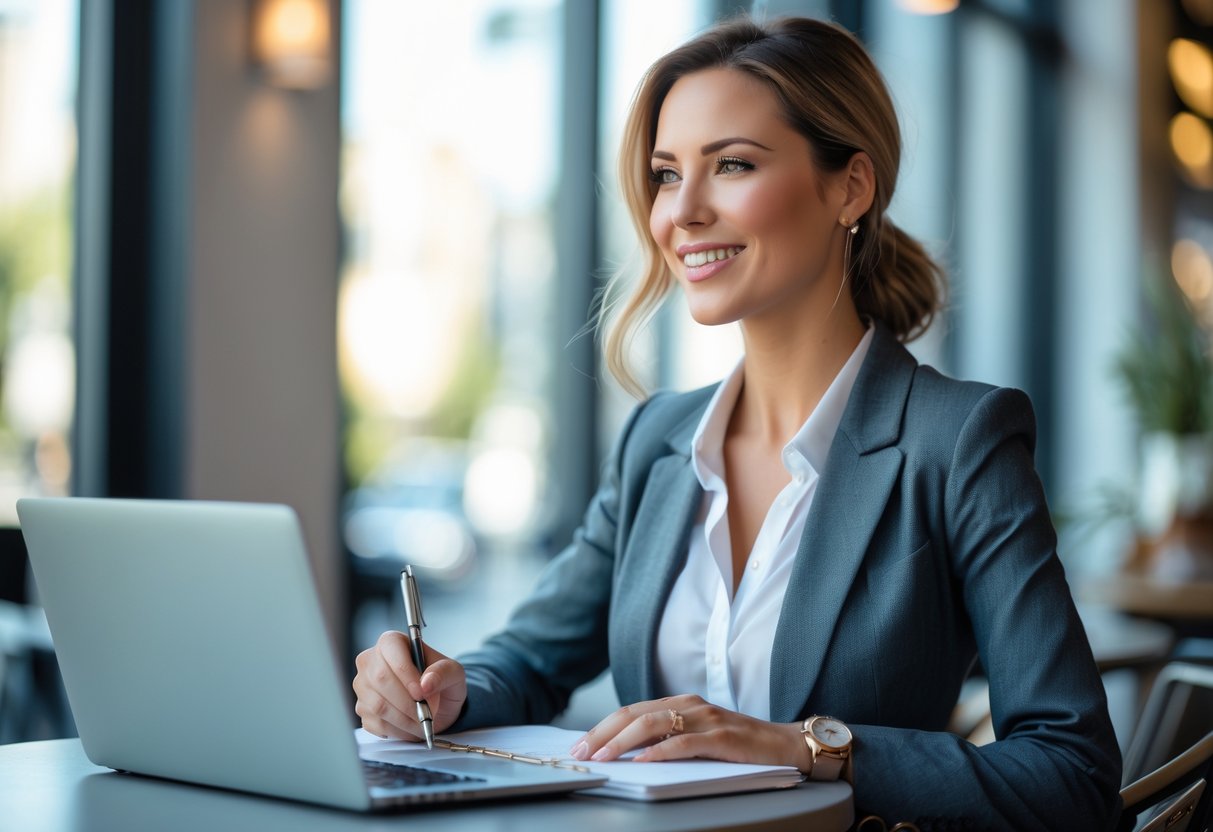 A confident woman sitting at a cafe table with a laptop and notebook, smiling thoughtfully while holding a pen.