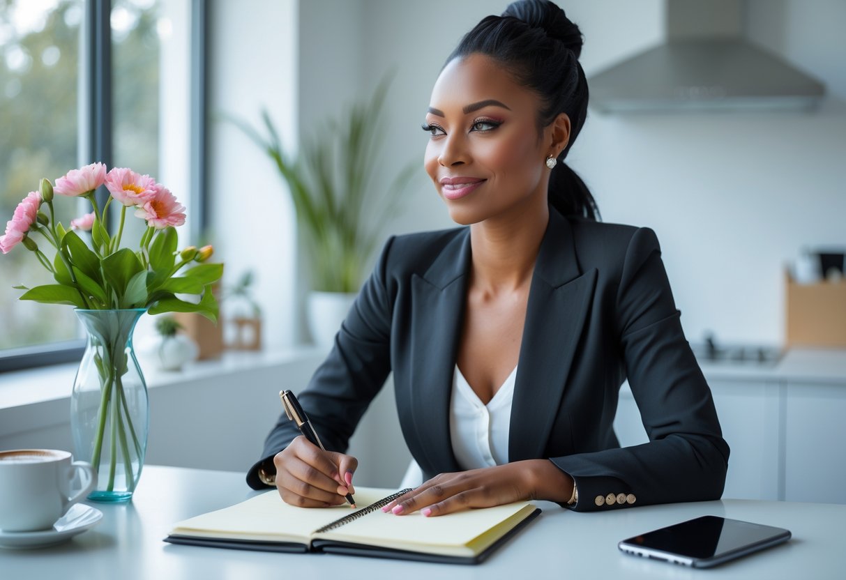 A confident woman writing in a notebook at a bright workspace with a coffee cup and flowers nearby.