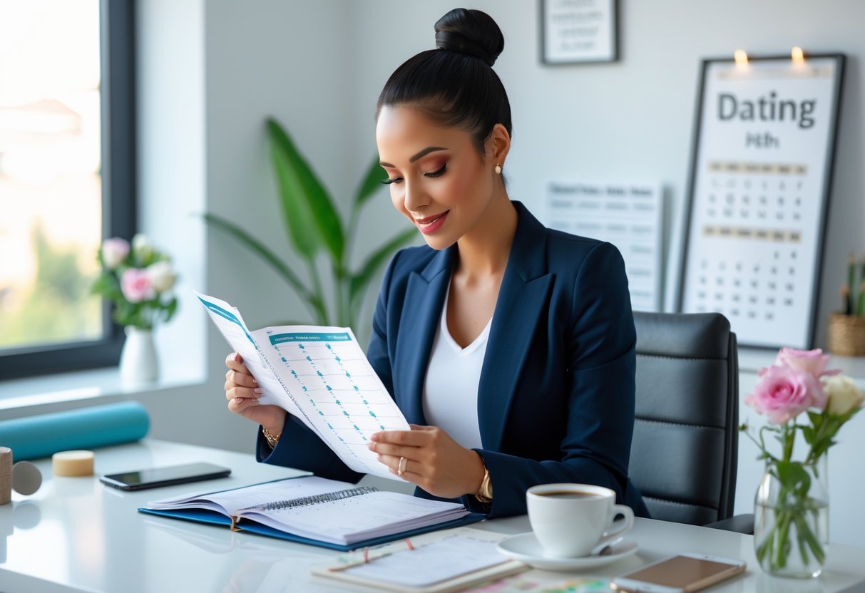 A confident woman sitting at a desk reviewing a planner in a bright, modern home office with a smartphone and coffee nearby.
