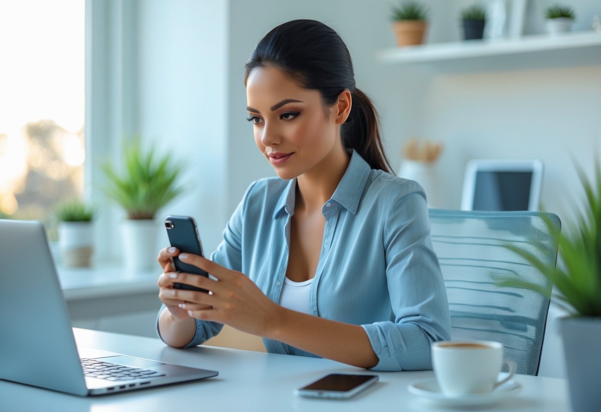 A confident woman sitting at a desk, looking thoughtfully at her smartphone in a bright home office.