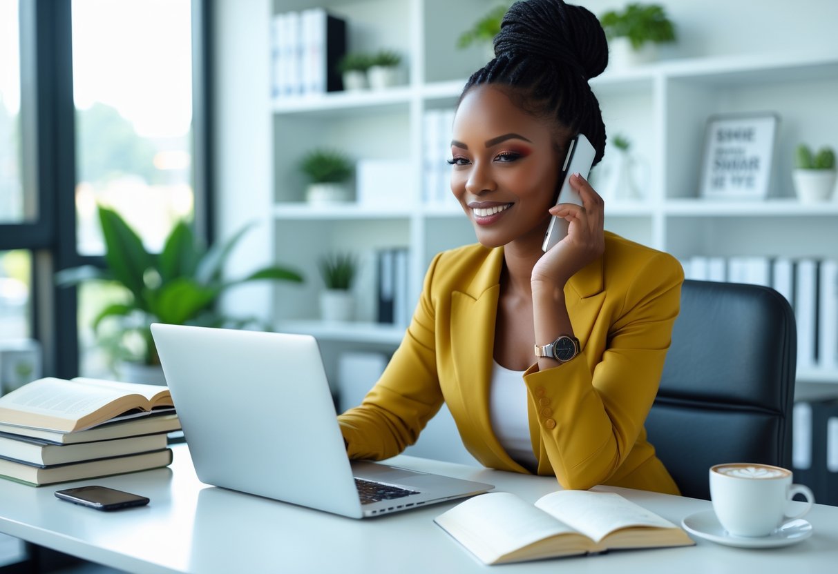 A confident woman sitting at a desk, smiling during a video call, surrounded by books and a laptop in a bright office.