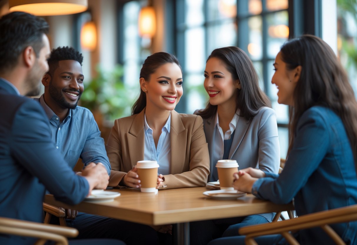 A confident woman at a café table engaged in a warm conversation with two people, all smiling and making eye contact.