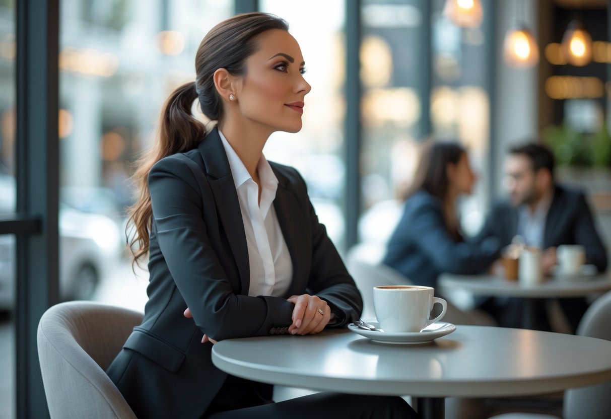 A confident woman sitting alone at a café table, holding a cup of coffee and looking thoughtfully into the distance.