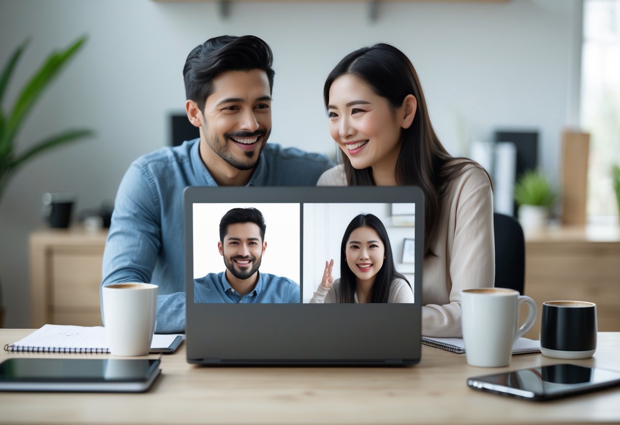 A young couple communicating through a video call on a laptop in separate home office settings, smiling and interacting warmly.
