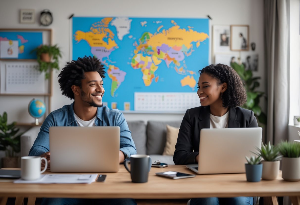 A young couple video calling each other from separate home settings, smiling and engaged in conversation.
