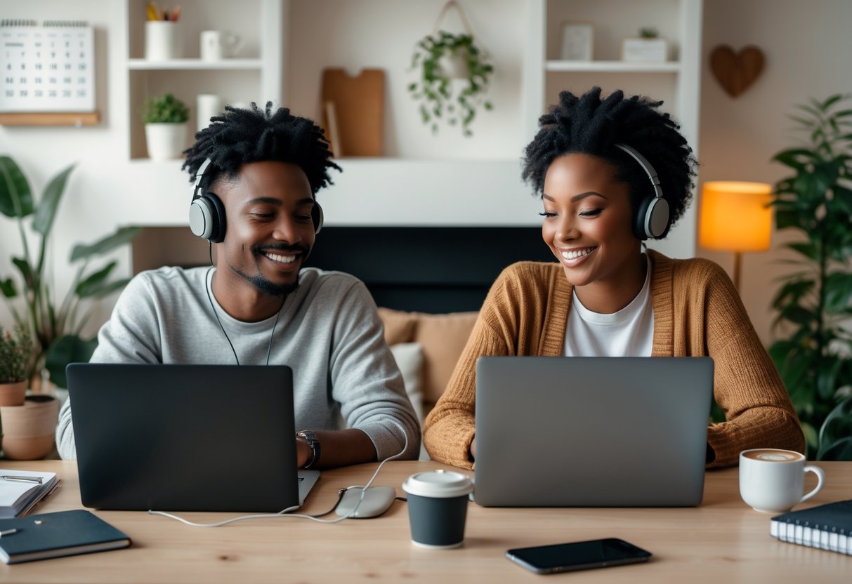 Two people in separate rooms smiling and talking to each other on video call using laptops.