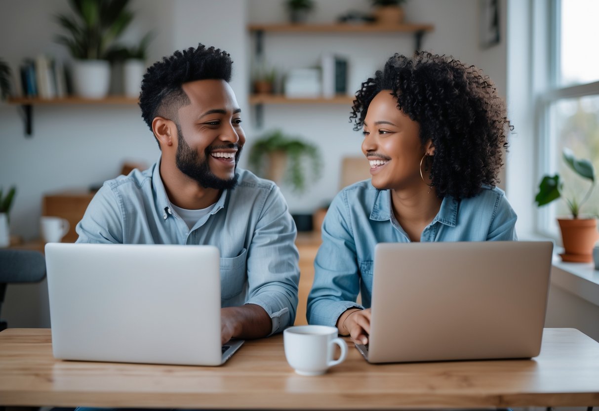 Two people smiling at each other during a video call from their separate home workspaces.