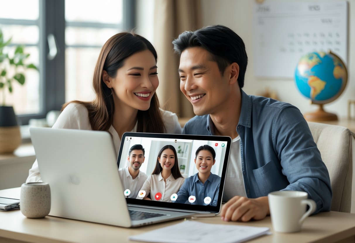 Two people smiling at each other on a video call in a cozy home office with a laptop, calendar, and smartphone nearby.