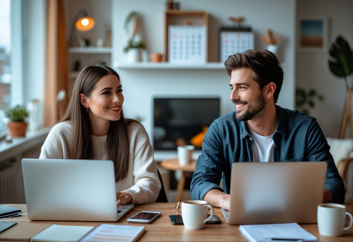 A man and woman working on laptops in separate home offices, connected by a video call, showing a long-distance couple balancing career and relationship.