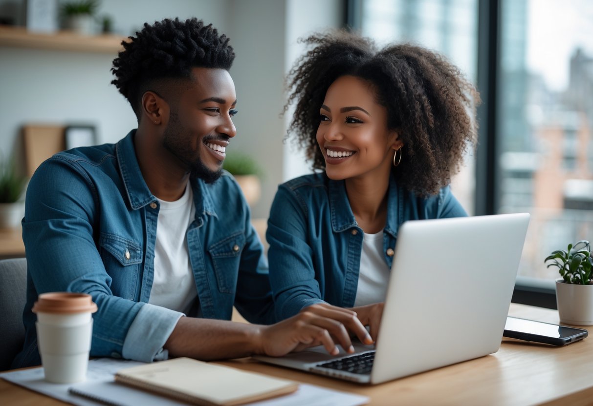 A young couple smiling at each other during a video call on a laptop in a modern home office with work and personal items on the desk.