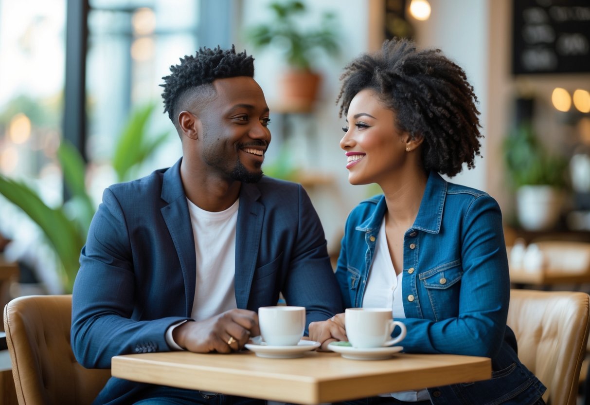 A diverse couple sitting at a cafe table, smiling and having a warm conversation.