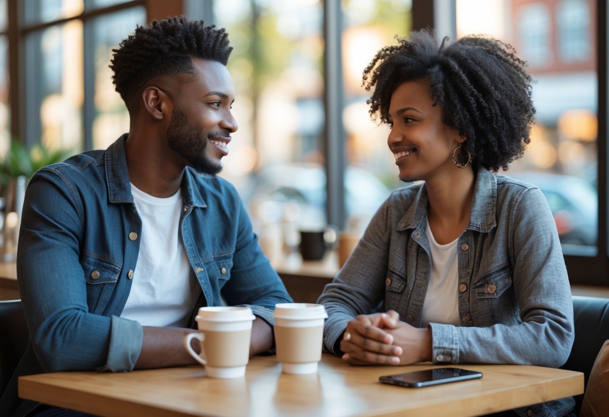 A couple sitting at a coffee shop table, talking and smiling at each other in a warm and friendly way.