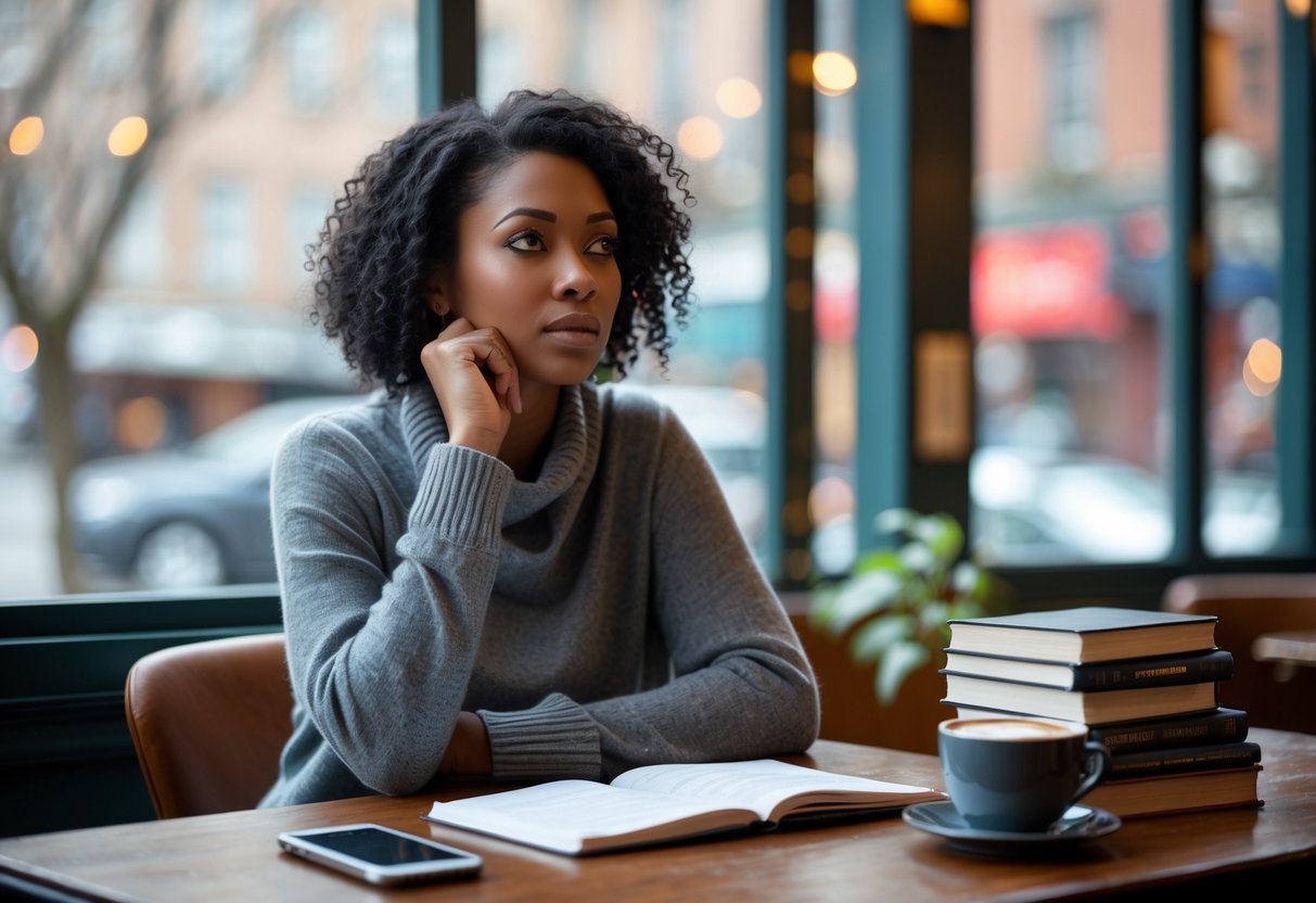 A young adult sitting alone at a café table, writing in a notebook with a cup of coffee nearby, appearing thoughtful and reflective.