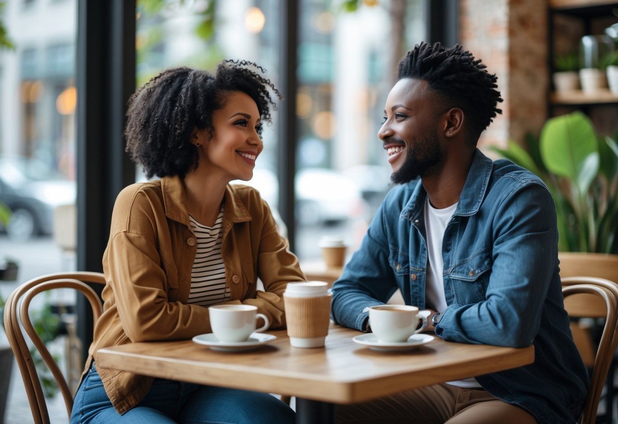 A couple sitting at a cafe table, smiling and talking warmly to each other.