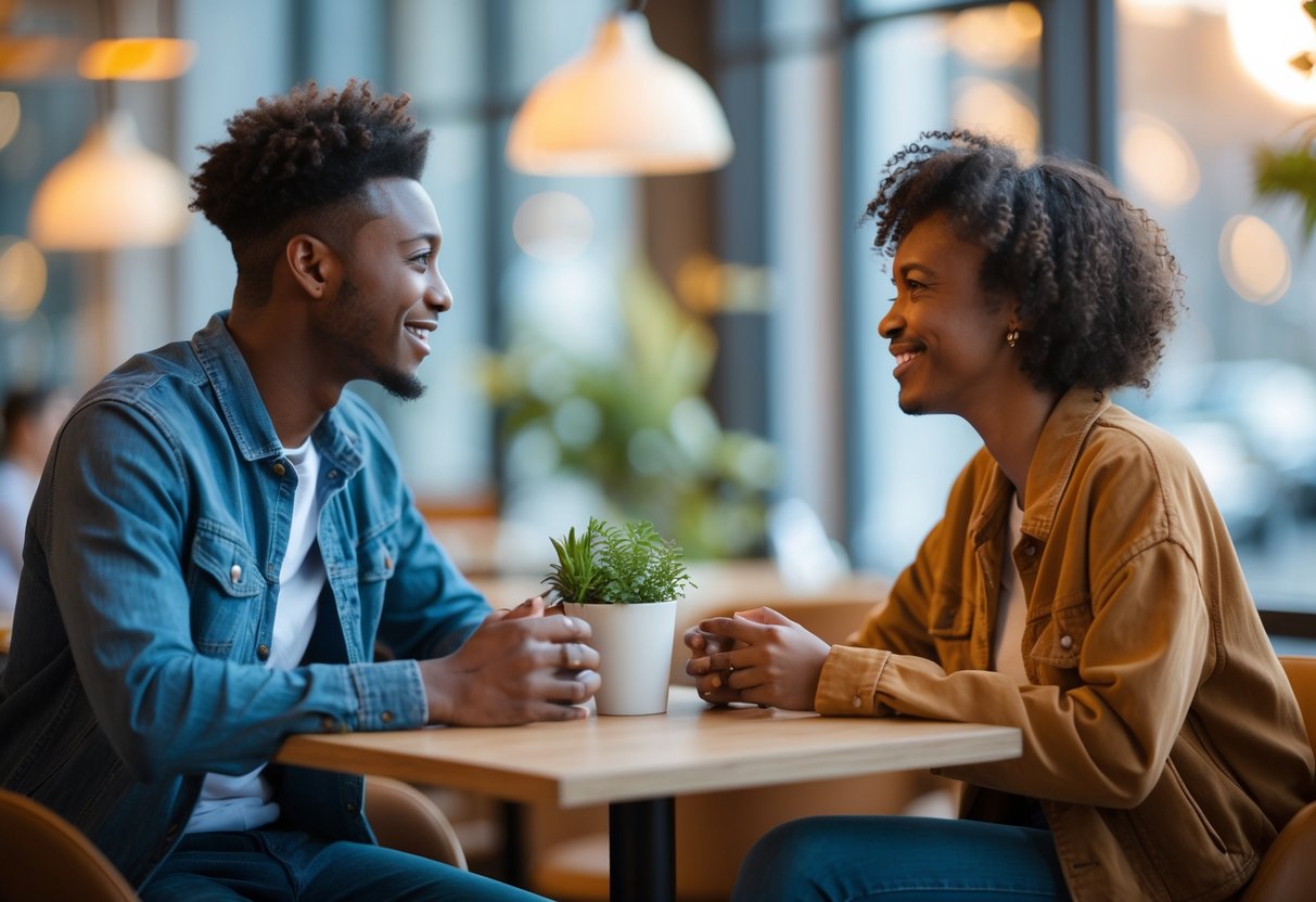 A young couple sitting at a café table, talking and smiling at each other with open and attentive body language.