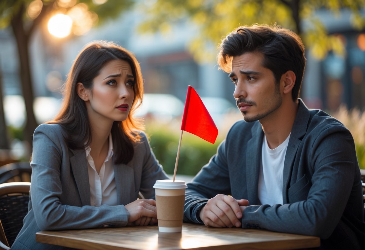 A young couple sitting at an outdoor café table, the woman holding a small red flag while they have a serious conversation.