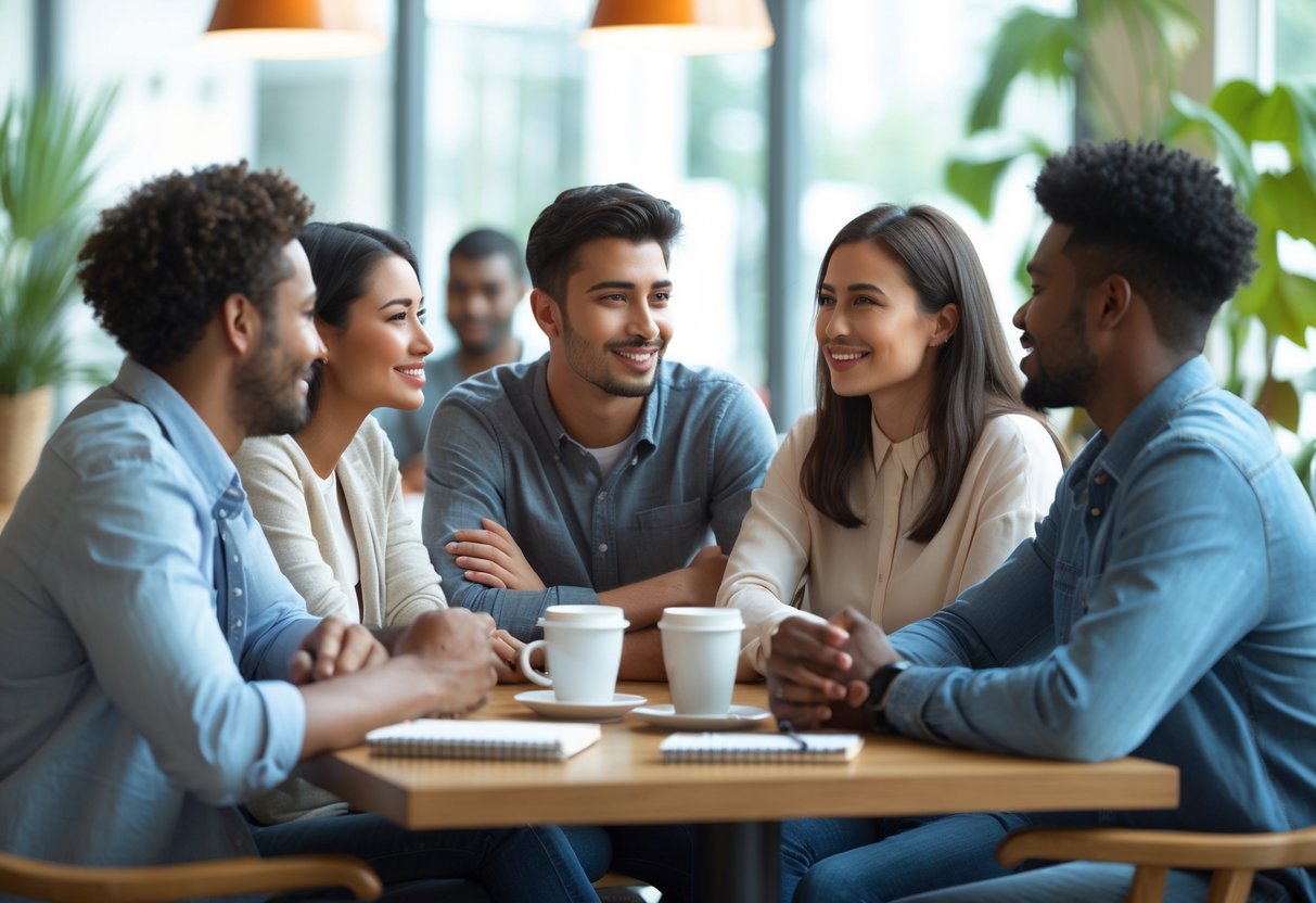 A diverse group of young adults sitting around a table in a cafe, engaged in a friendly and thoughtful conversation.
