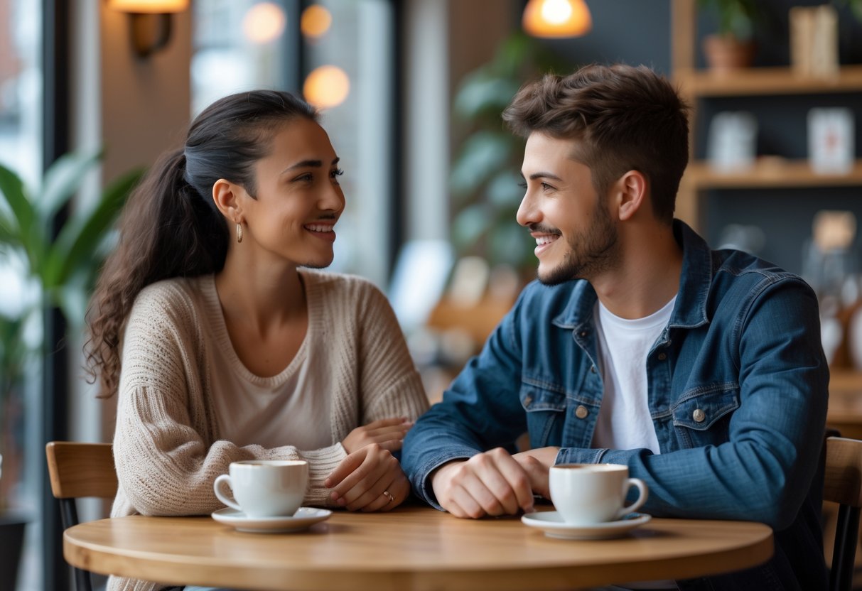 A young couple sitting at a café table, talking and smiling at each other in a warm and inviting setting.