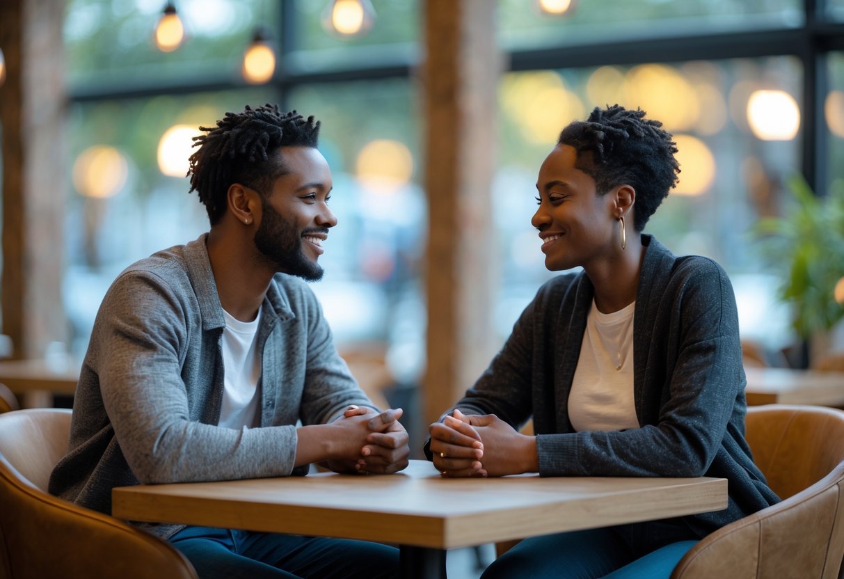 A diverse couple sitting at a café table, smiling and having a respectful conversation.