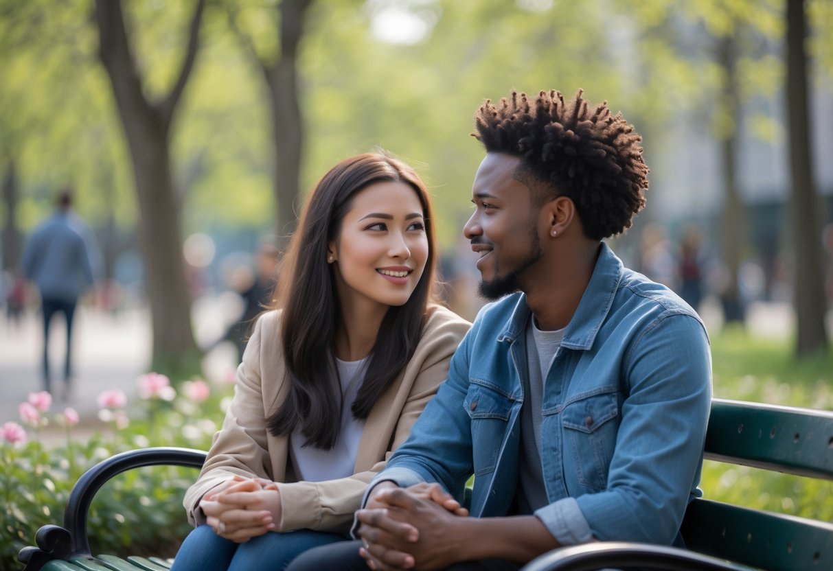 A young couple sitting on a park bench having a warm and supportive conversation on a sunny day.