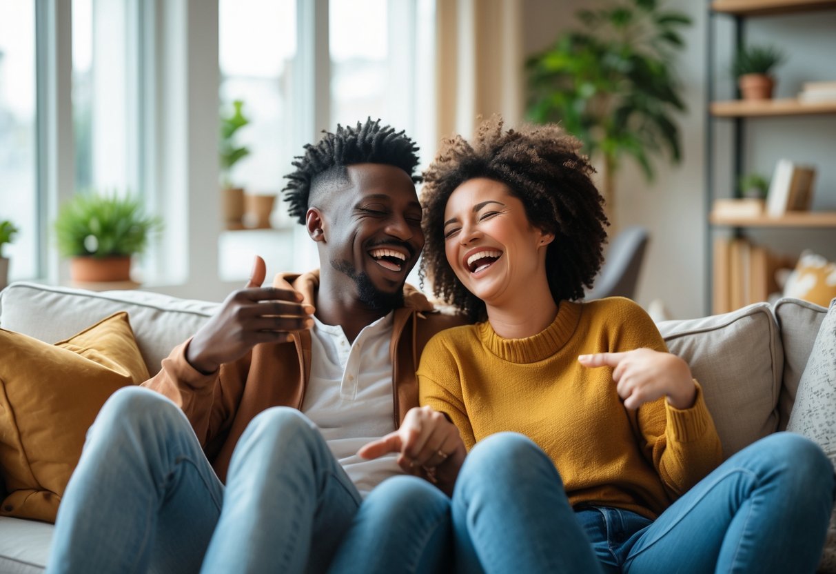 A diverse couple sitting on a couch laughing together in a cozy living room, sharing a joyful and connected moment.
