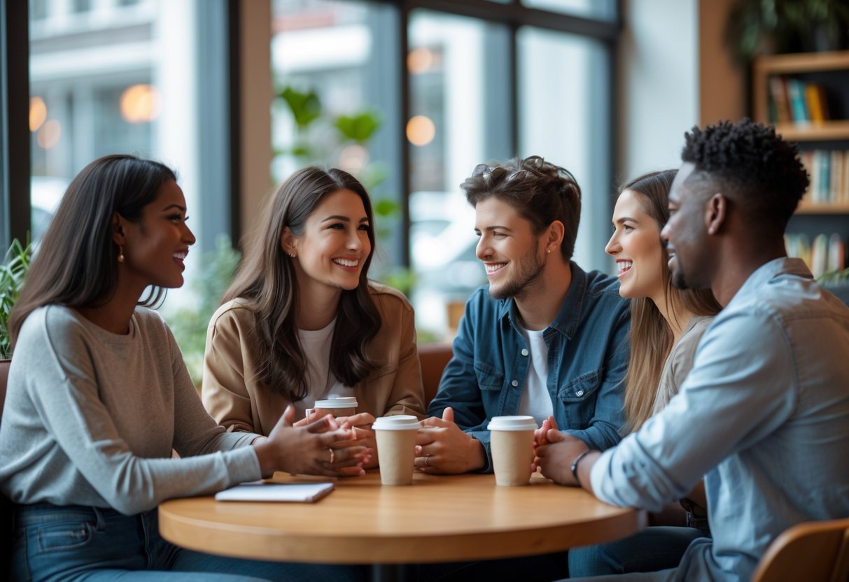 A group of diverse young adults having a warm and sincere conversation in a cozy café, showing trust and connection.