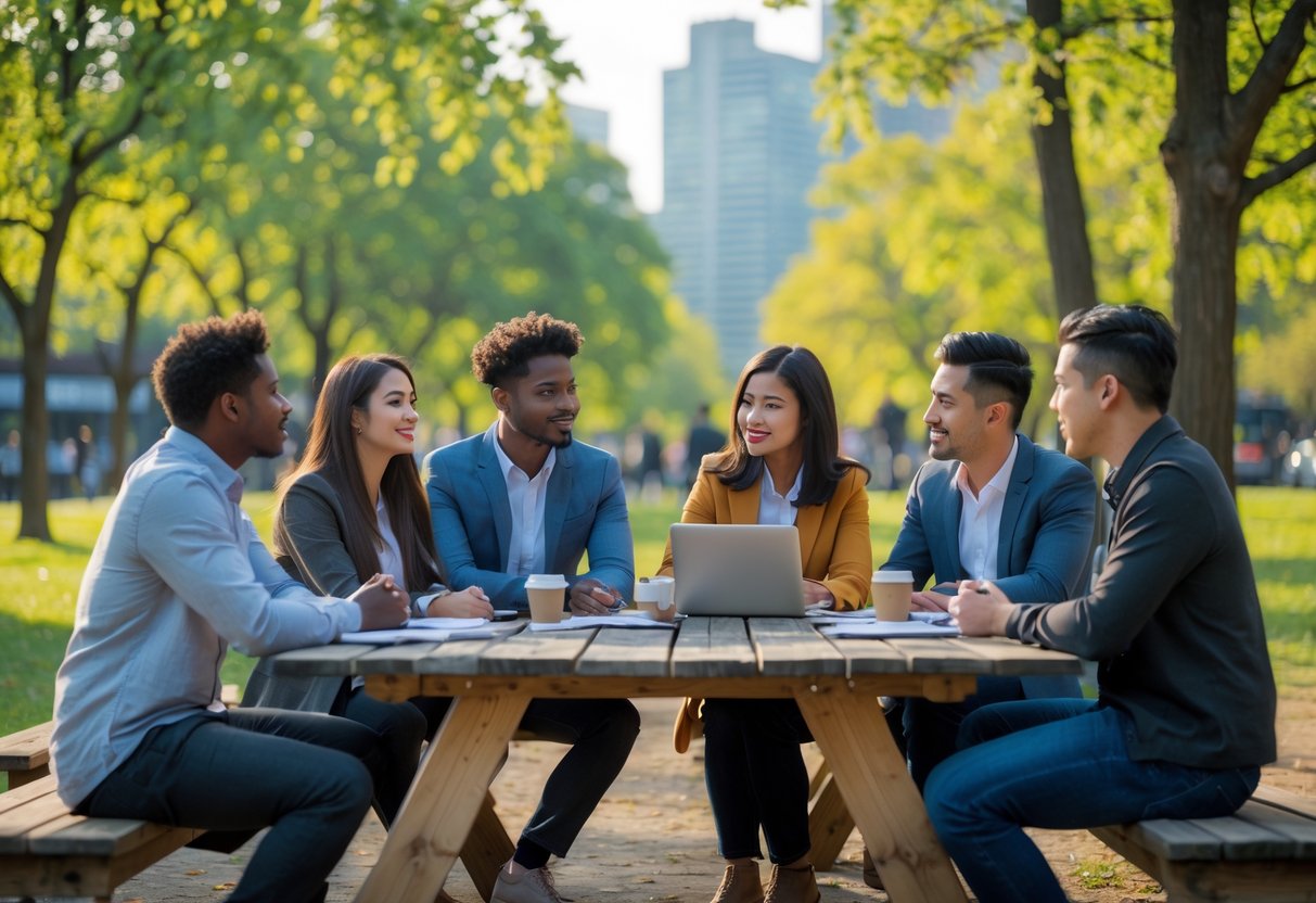 A group of young adults having a thoughtful conversation outdoors around a picnic table in a park with a city skyline in the background.