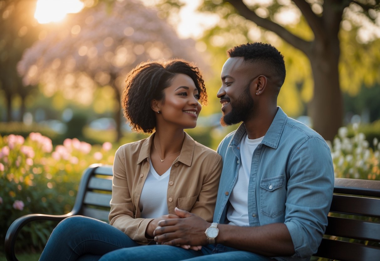 A diverse couple sitting closely on a park bench, smiling and talking warmly in a sunlit garden.