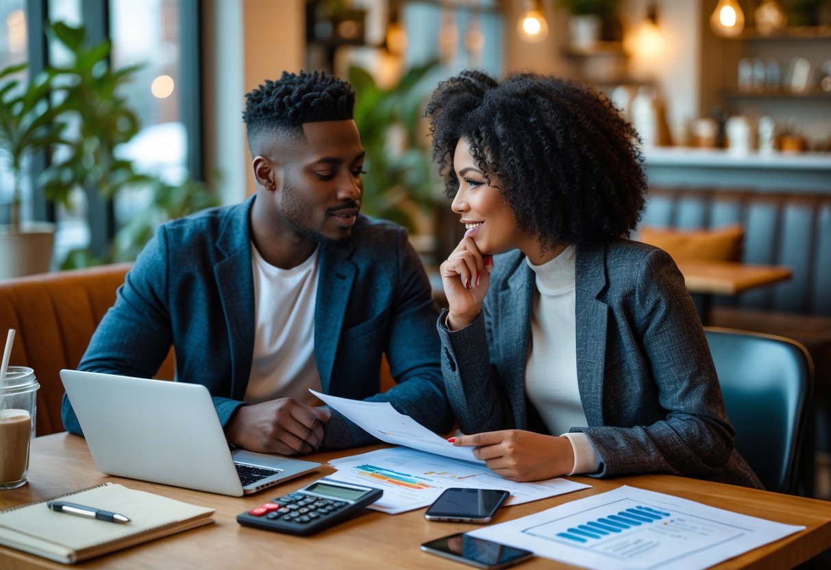 A young couple sitting at a cafe table reviewing financial documents and a laptop together, appearing focused and engaged in discussion.
