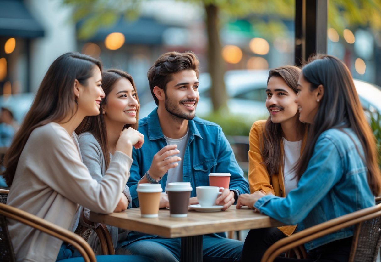 Three diverse young adults sitting at a café table outdoors, engaged in a friendly conversation with smiles and open body language.