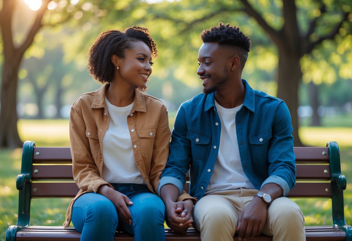 A young couple sitting closely on a park bench, holding hands and smiling at each other outdoors.