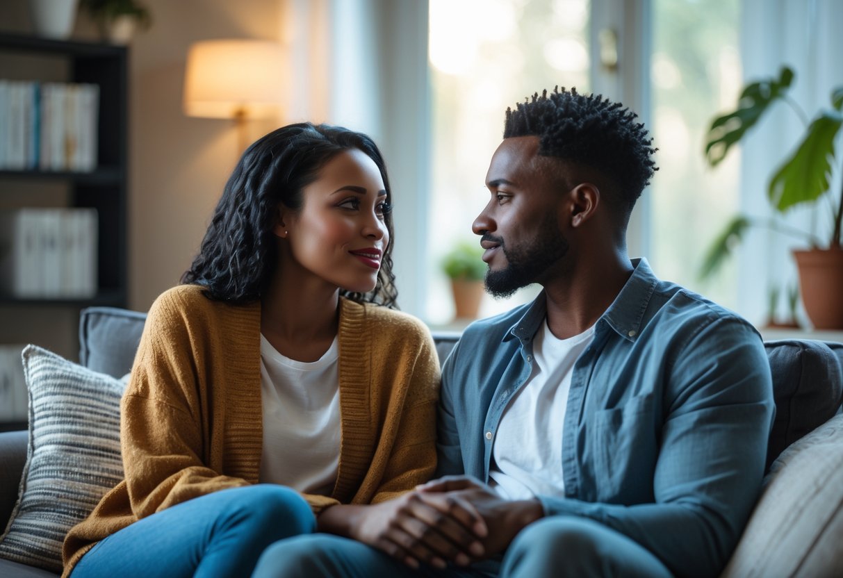 A diverse couple sitting together in a cozy living room, engaged in a heartfelt conversation showing emotional connection.