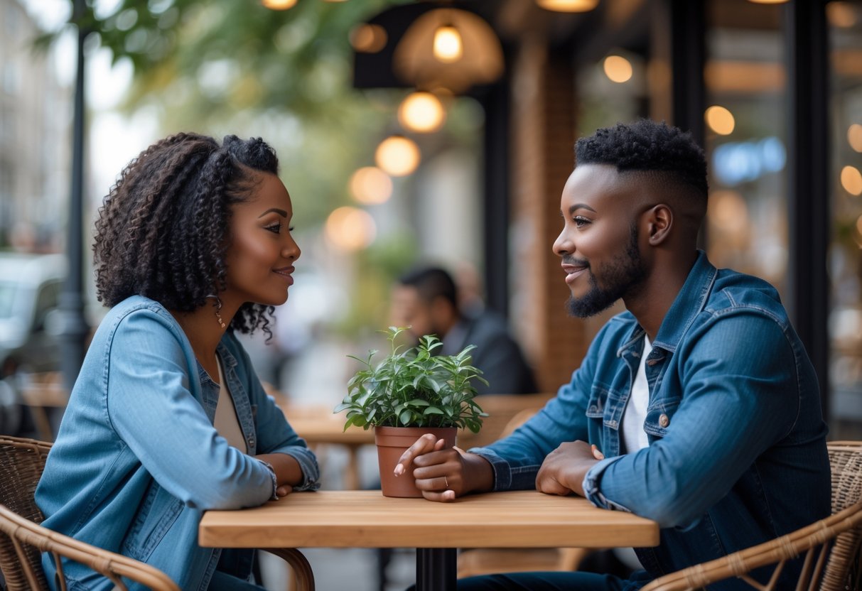 A diverse couple sitting at a café table outdoors, maintaining comfortable personal space and engaged in a respectful conversation.