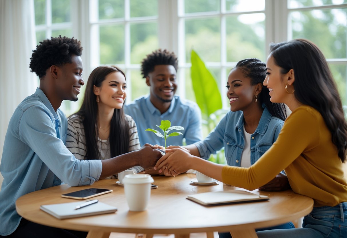A group of young adults sitting around a table, smiling and engaging in conversation in a bright room with natural light and plants.
