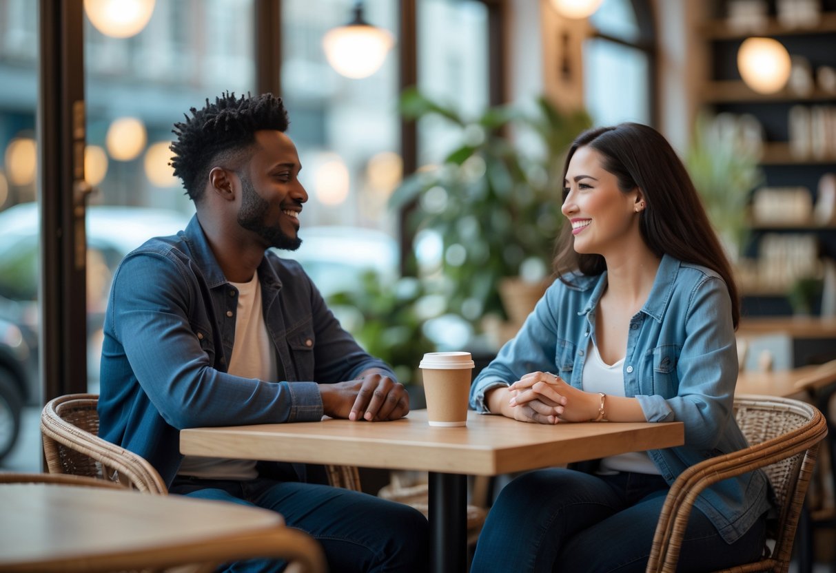 A diverse couple sitting at a café table, talking and listening to each other with warm expressions.