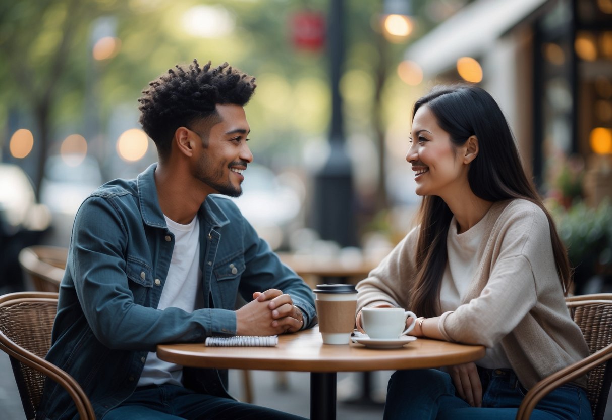 A young couple sitting at a café table outdoors, smiling and talking to each other warmly.