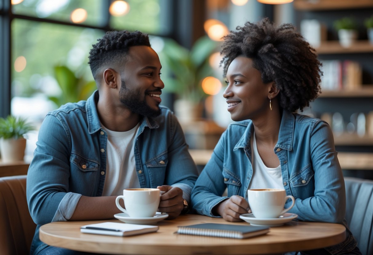 A couple sitting at a cafe table, talking and smiling warmly at each other while having coffee.
