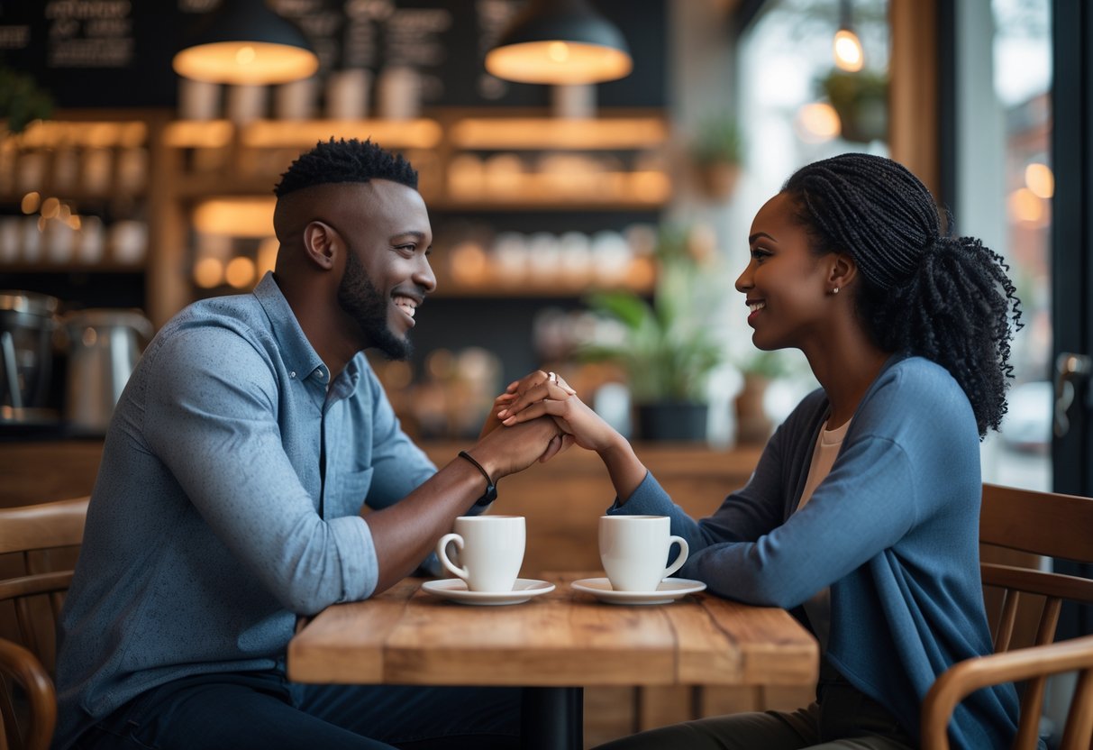 A diverse couple sitting at a cafe table, smiling and having a meaningful conversation.