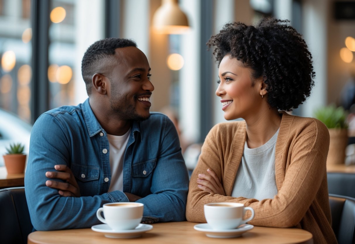 A couple sitting at a café table, smiling and talking while making eye contact.