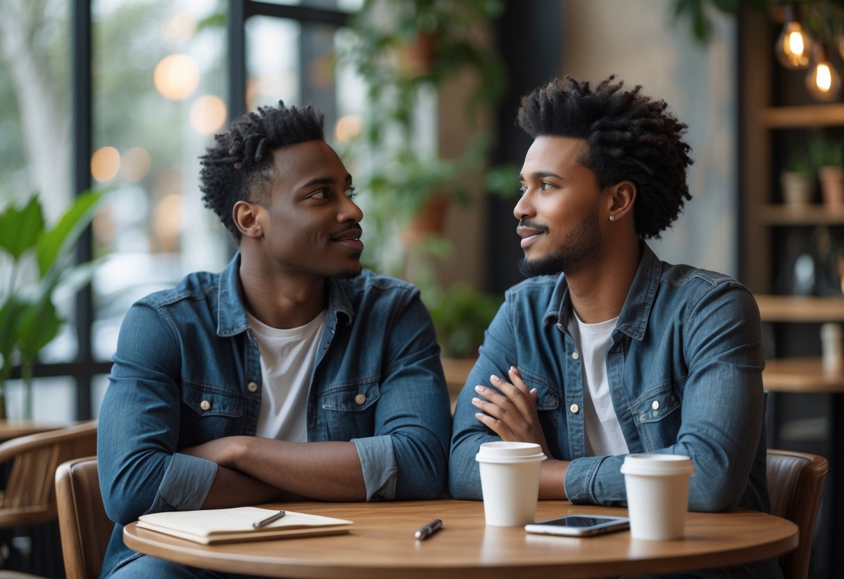 A young diverse couple sitting at a café table, having a thoughtful and engaged conversation.