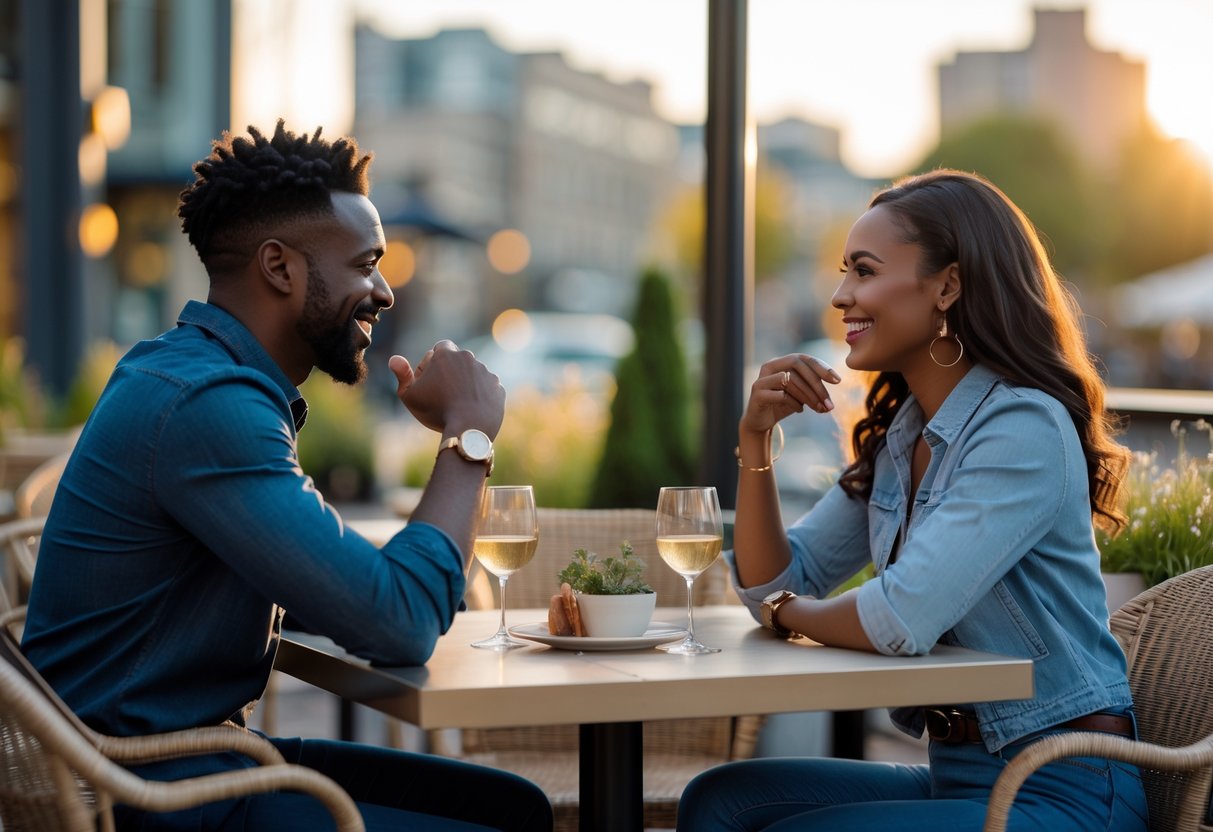 A diverse couple sitting at an outdoor café table, smiling and talking to each other in a city setting.