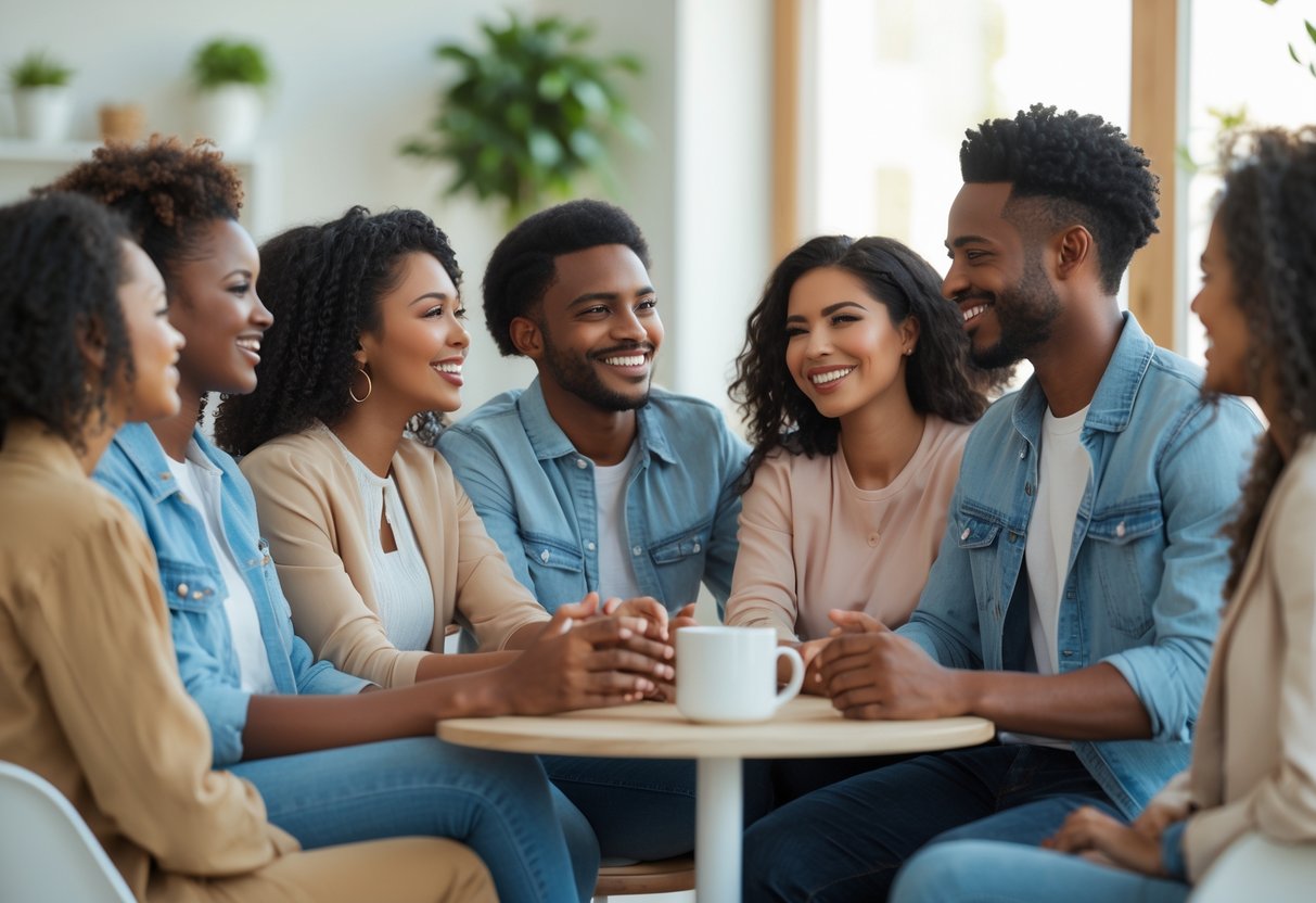 A group of diverse young adults smiling and talking together in a bright, modern indoor space.