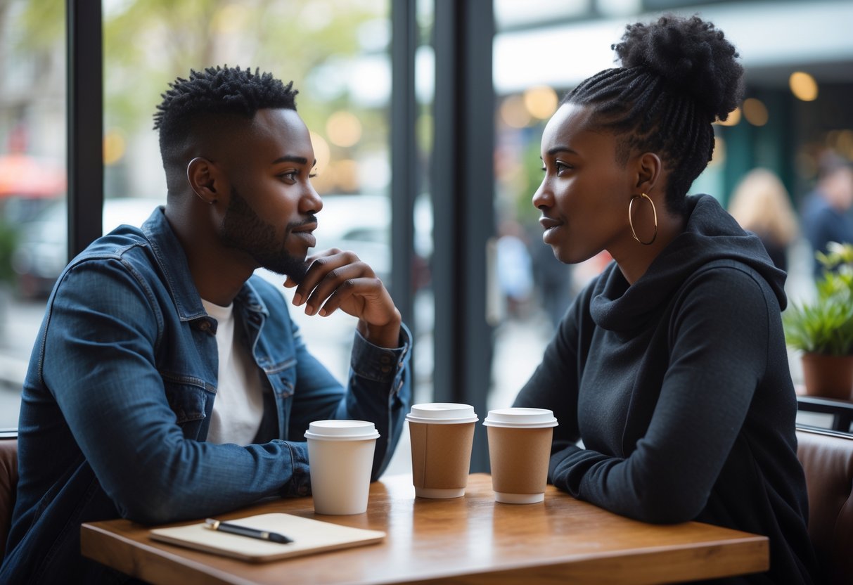 A diverse couple sitting at a cafe table having a thoughtful conversation, showing attentive and respectful body language.